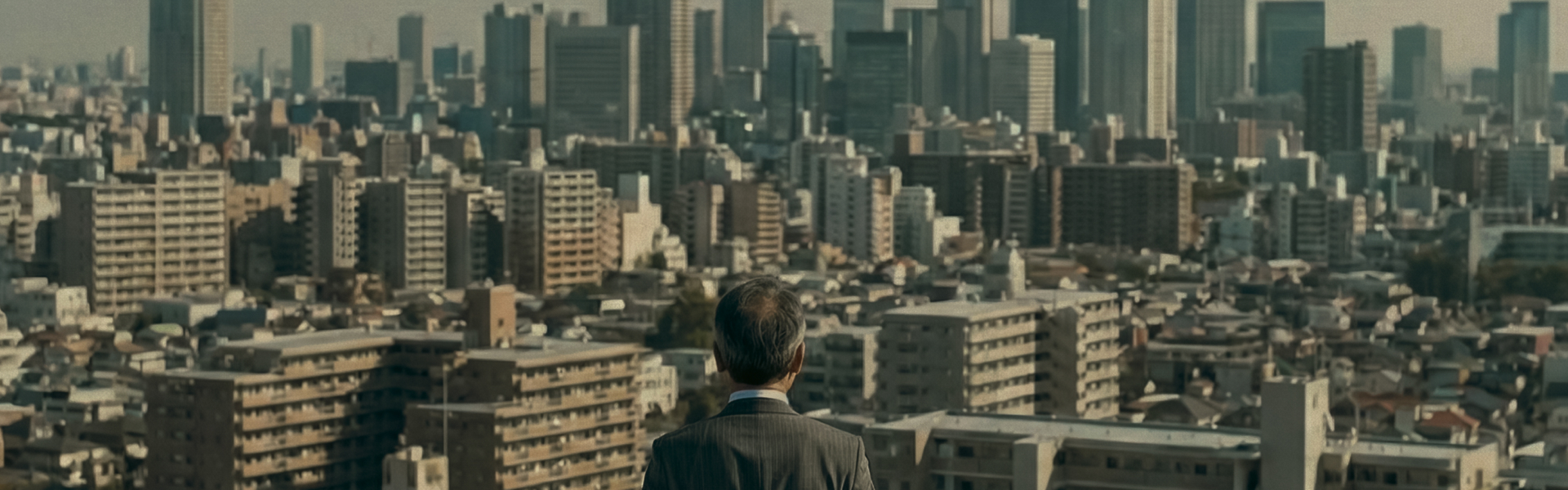 街並みと立つ男性の後ろ姿