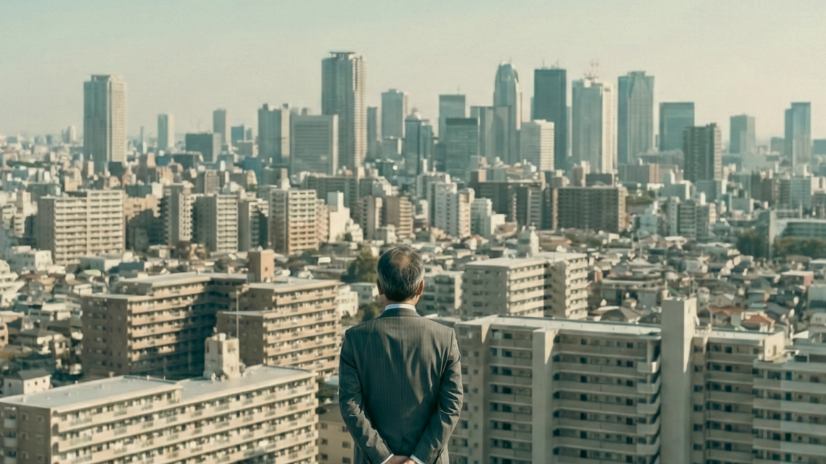 街並みと立つ男性の後ろ姿