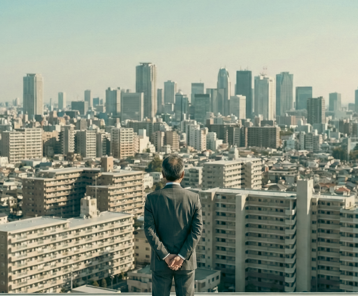 街並みと立つ男性の後ろ姿